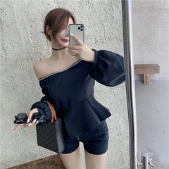 Real price one shoulder shirt women's design long sleeve temperament goddess fan open shoulder top