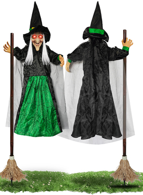 绿色飞天女巫声控发光尖叫密室逃生扫把巫婆万圣节日鬼屋布景道具