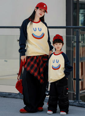 亲子装一家三口四口卫衣卡通笑脸母子母女宽松撞色百搭上衣全家装