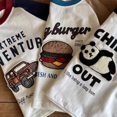 儿童拼接T恤长袖春季男童洋气上衣撞色潮小宝宝卡通打底衫女纯棉