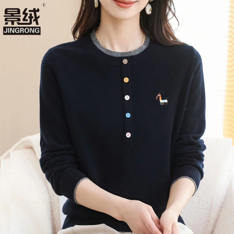 100%纯羊毛毛衣女秋冬季大码妈妈圆领针织上衣气质百搭打底羊绒衫
