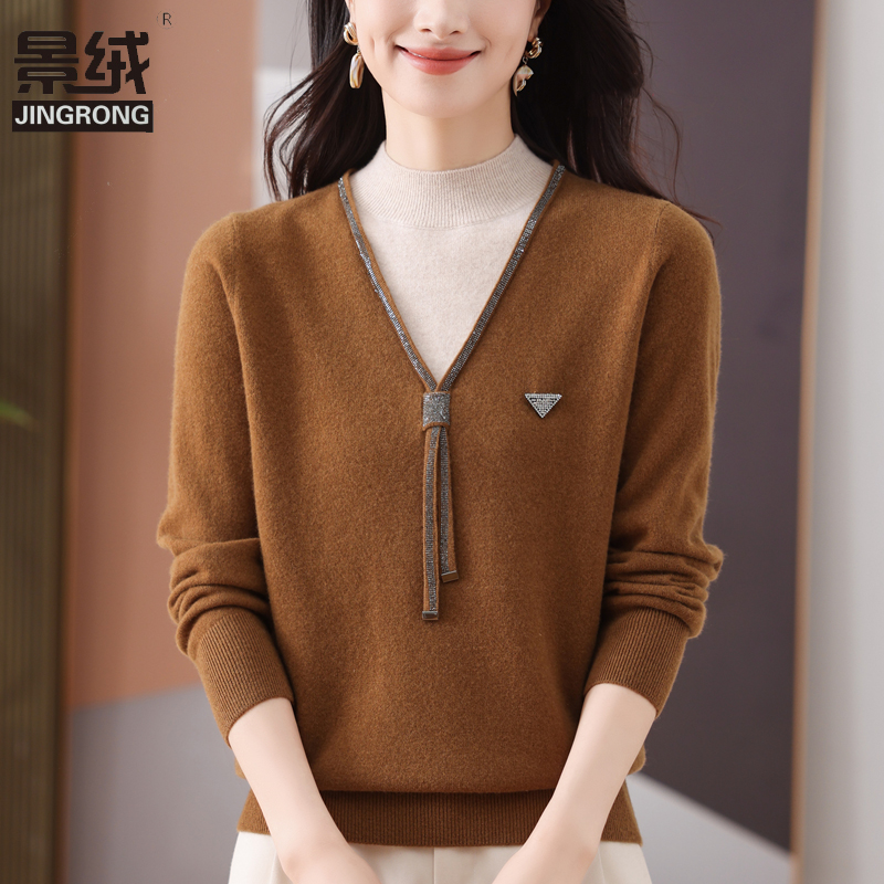 纯羊毛中年妈妈假两件针织上衣