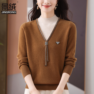 中年妈妈羊毛衫女假两件针织上衣秋冬季大码半高领毛衣打底羊绒衫