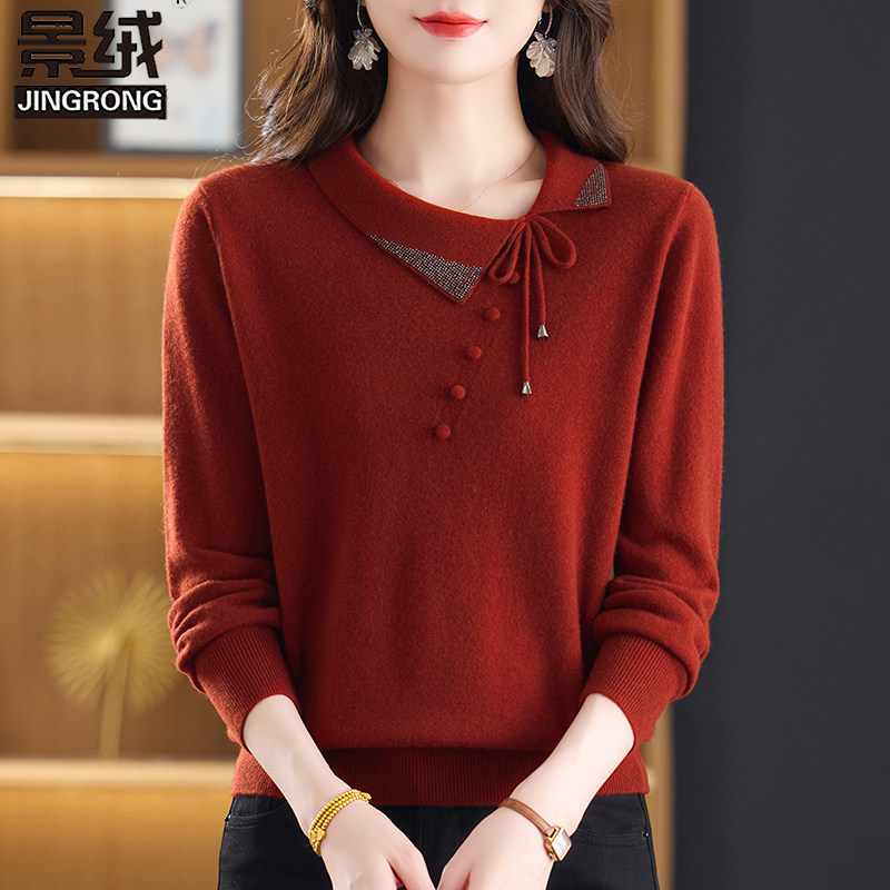 纯羊毛针织衫女秋冬V领套头毛衣打底衫宽松中年妈妈洋气软糯上衣
