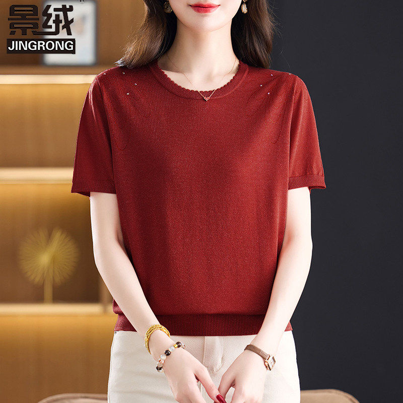 莱赛尔天丝针织短袖t恤女夏装妈妈洋气减龄宽松大码圆领冰丝上衣