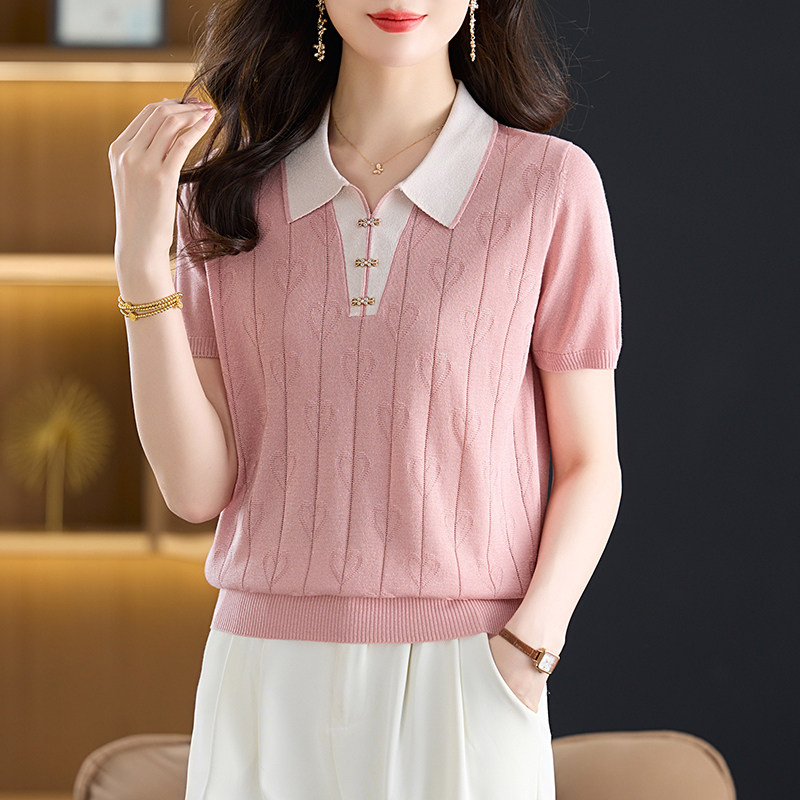 冰丝针织衫短袖t恤女士夏季2026新款遮肚显瘦翻领天丝上衣polo潮