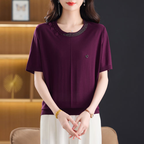 中年妈妈天丝短袖针织衫遮肚