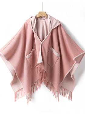 橘语羊毛双面冬季保暖英伦风旅游U型加帽厚款斗篷口袋披肩