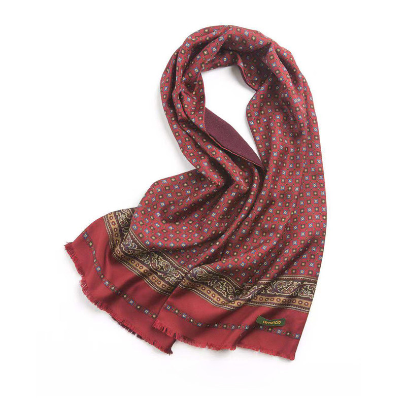 橘语新款羊毛真丝双面柔软时尚旅行酒红印花流行围巾秋冬季男女