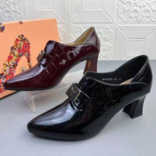 奥莱撤柜处理时尚头层牛皮粗跟时装女鞋新款真皮防滑通勤浅口单鞋