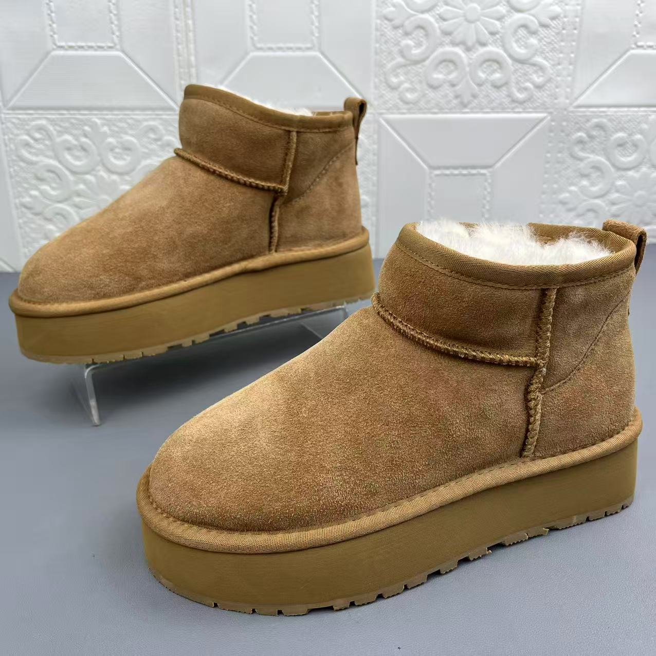 牛皮羊毛厚底时尚雪地靴女靴短靴