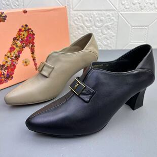 奥莱撤柜处理时尚羊皮粗跟时装女鞋高品质新款真皮尖头通勤大象清