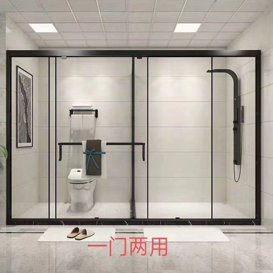 极简淋浴房一门两用t形钢化玻璃隔断304不锈钢卫生间移动门