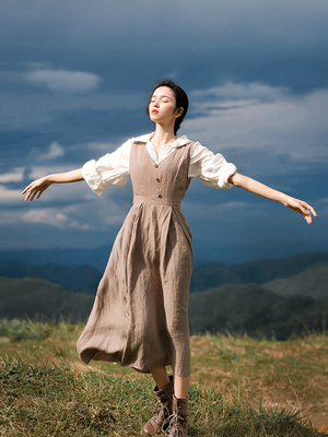 枕梦村庄法式复古棉麻连衣裙