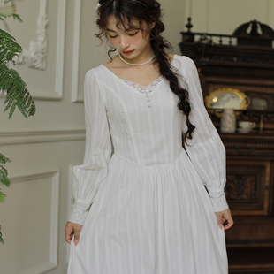 枕梦村庄 月光舞曲 初秋温柔风复古法式宫廷蕾丝花边连衣裙中长款