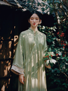 枕梦村庄 复古国风明制立领斜襟开衫汉服宽松刺绣古风优雅连衣裙