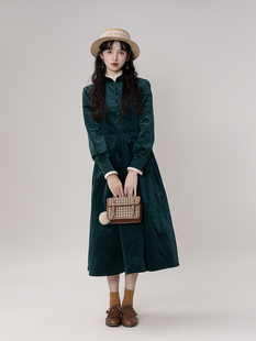 复古宫廷蕾丝花边立领灯芯绒中长款 法式 连衣裙 移动城堡 枕梦村庄