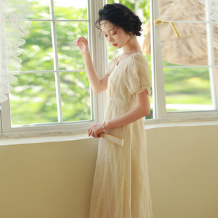 枕梦村庄 月光童话 原创古典宫廷帝政风棉质刺绣长款高腰连衣裙夏