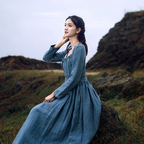 亚麻优雅复古宫廷法式中长款裙子