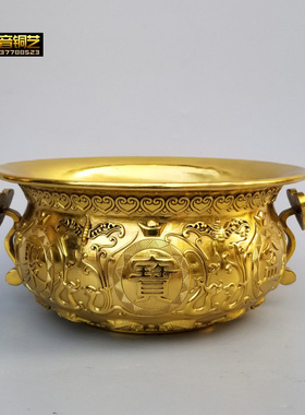 大号铜聚宝盆双耳如意家用聚财黄铜聚宝盆办公桌面工艺品装饰摆件