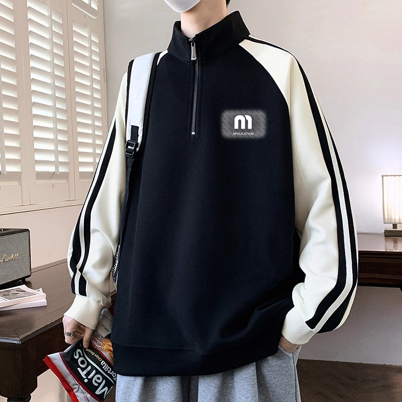 美式半拉链卫衣男春秋季宽松大码显瘦上衣青少年撞色立领长袖外套