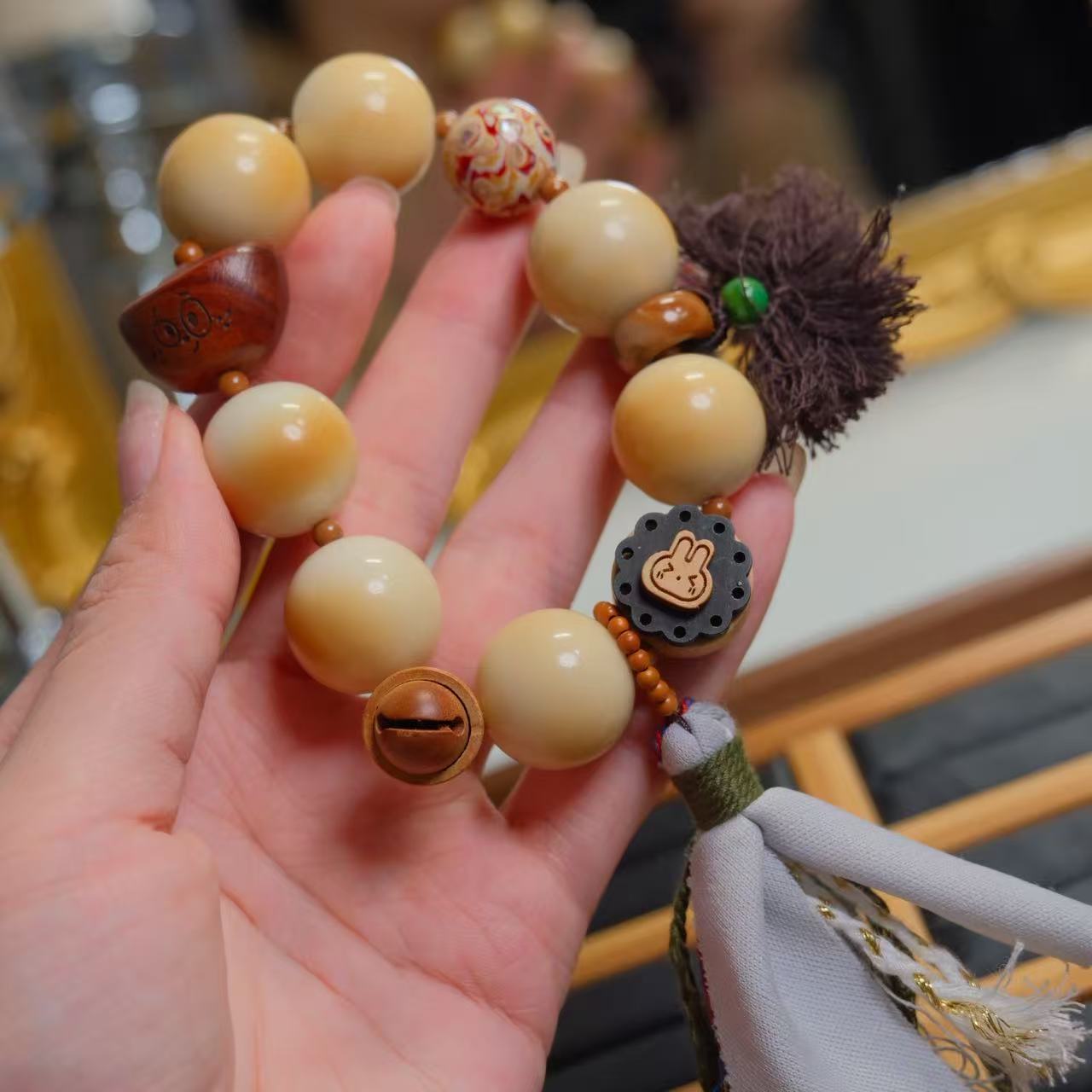 炭烤象牙果单圈手链手串搭配螺钿大漆 檀木汉堡兔子 TY708