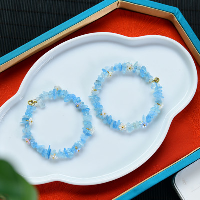 天然冰蓝海蓝宝碎石花环编织手链 有黑点瑕疵 原石手串饰品 LH586