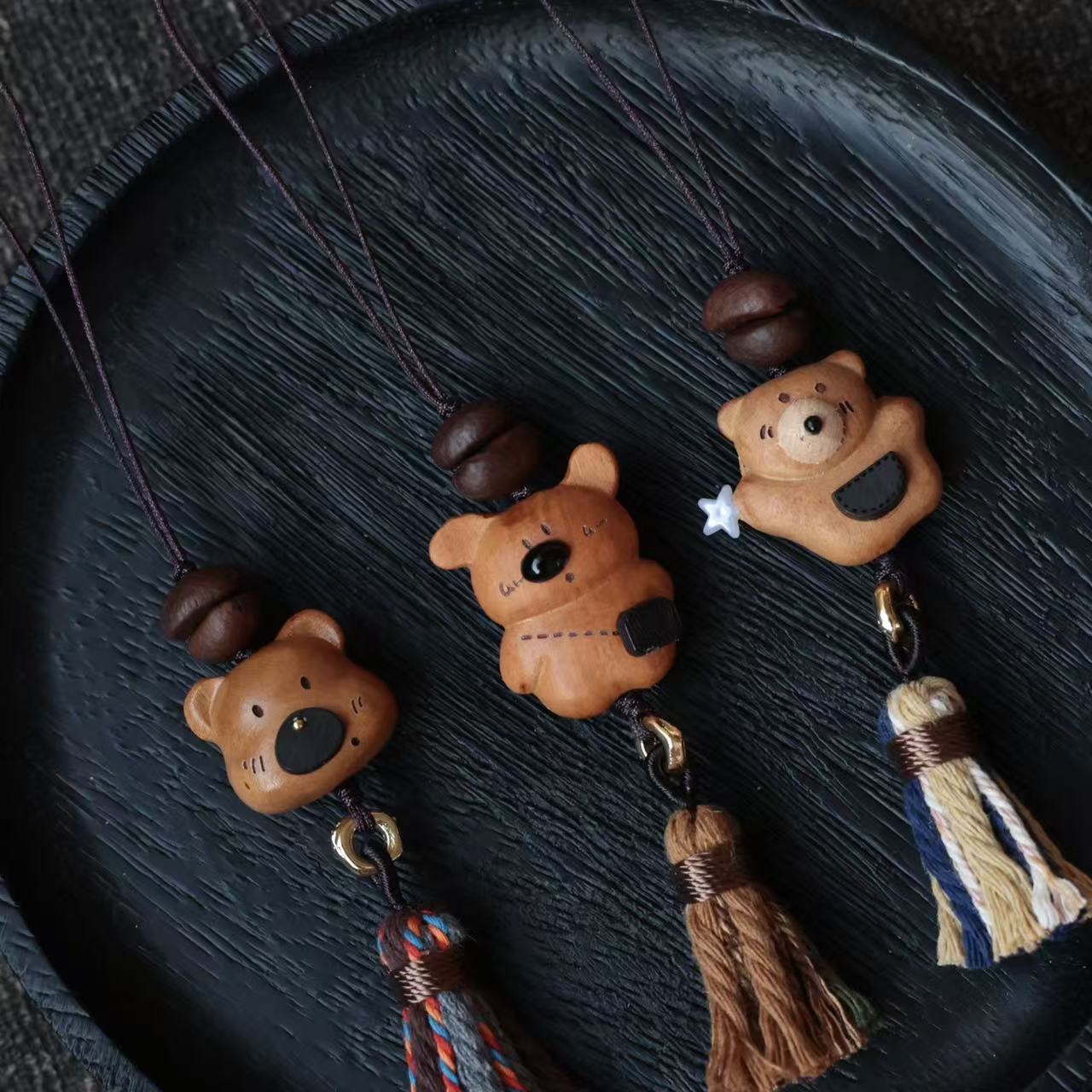 桃木熊头口袋熊摘星星熊手机挂链 搭配咖啡豆 DM870