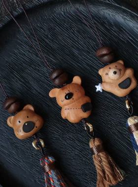 桃木熊头口袋熊摘星星熊手机挂链 搭配咖啡豆 DM870