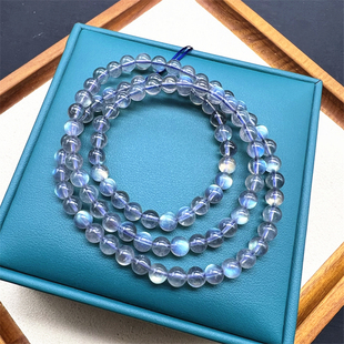 全冰透拉长石三圈手链 强蓝彩光 天然灰月光石多圈饰品 级别高