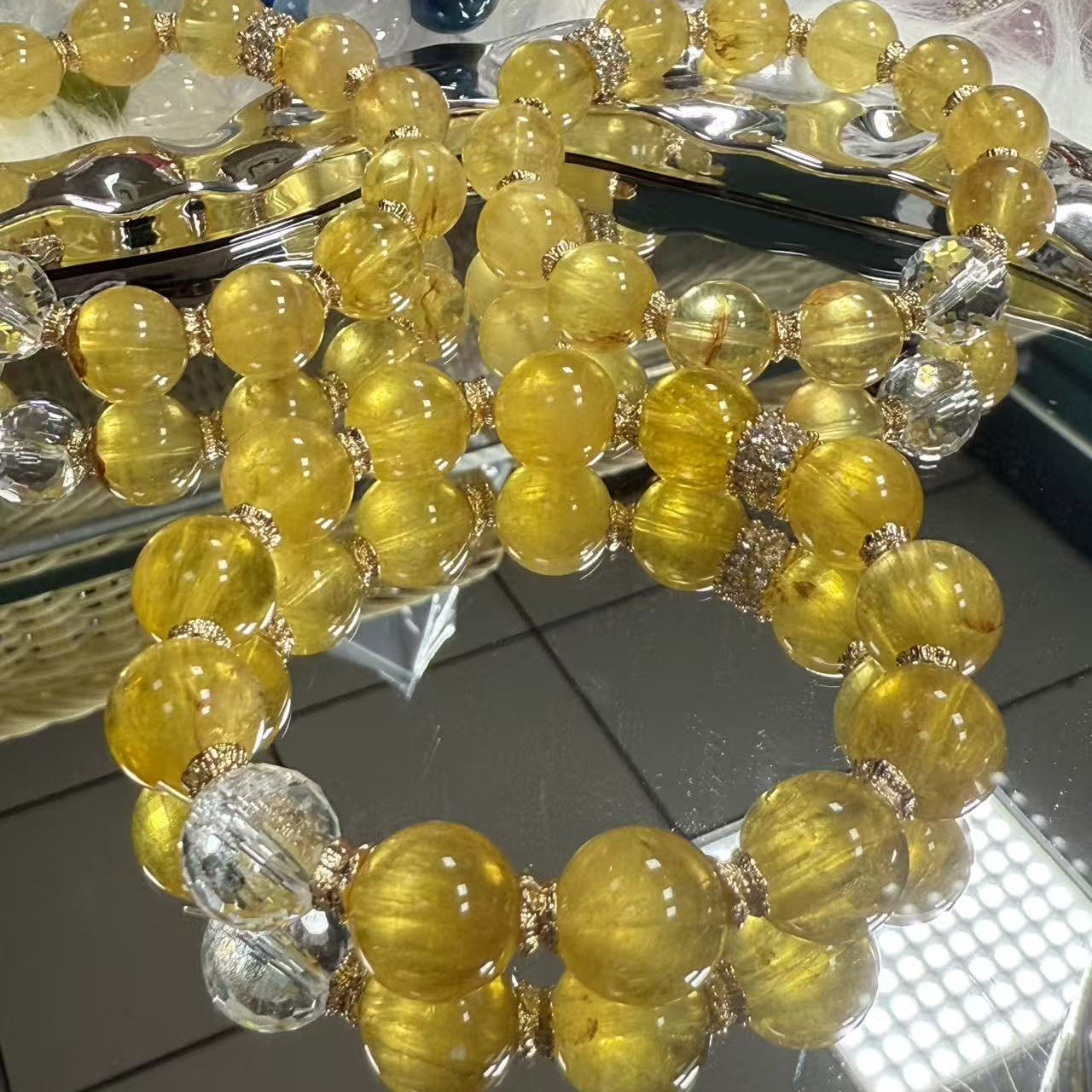 12mm天然拉丝黄萤石单圈原创手链搭配白水晶刻面珠手串 LH587