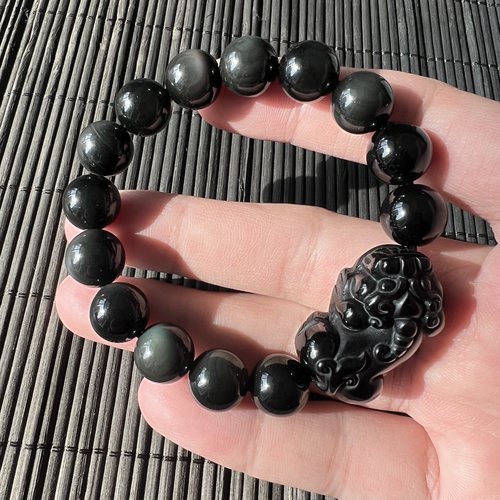 12mm天然彩虹眼黑曜石小弯头貔貅手链 H71