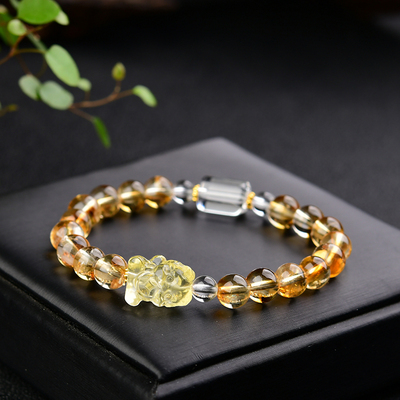 原创黄水晶进宝手链 黄阿塞手串 白水晶棱柱 LH284