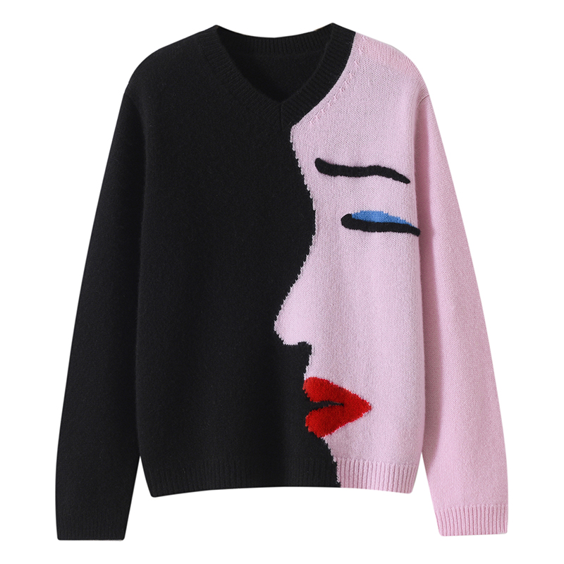 100%山羊绒秋冬加厚V领针织羊绒衫女绣花宽松