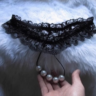 超薄透视胖mm加大码性感蕾丝透明带珠子丁字裤大珍珠一根线内裤女