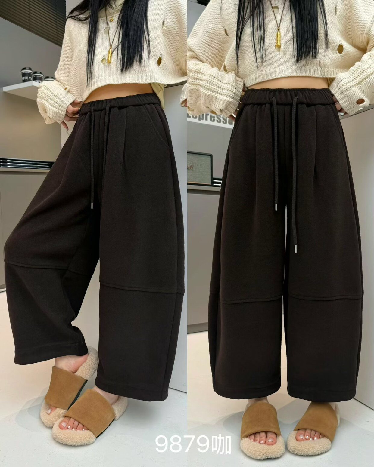 木子家9879厚料女裤秋冬新款九分高腰显瘦直筒裤宽松阔腿裤休闲裤