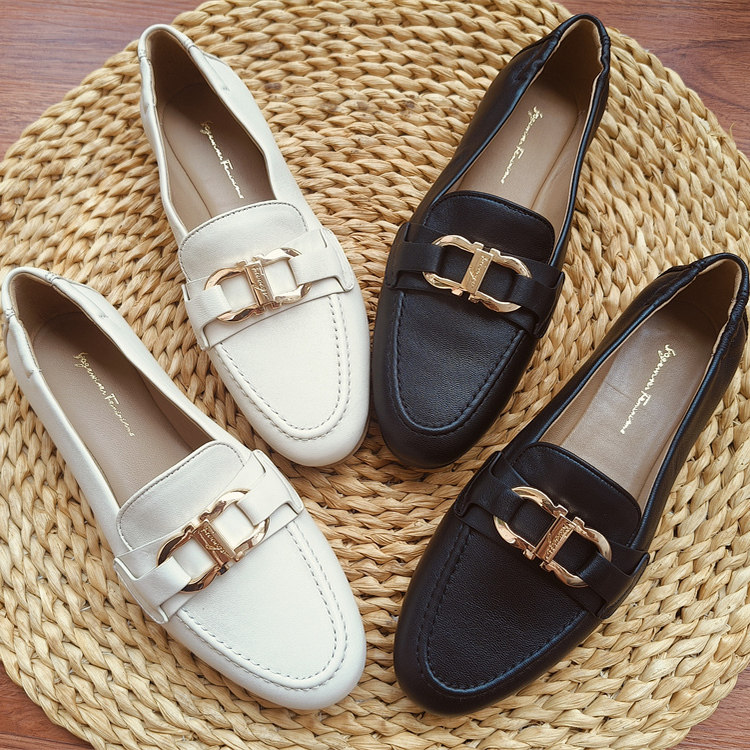 欧美新款一脚蹬全真皮平底乐福鞋软底蛋卷鞋马衔扣女单鞋休闲百搭