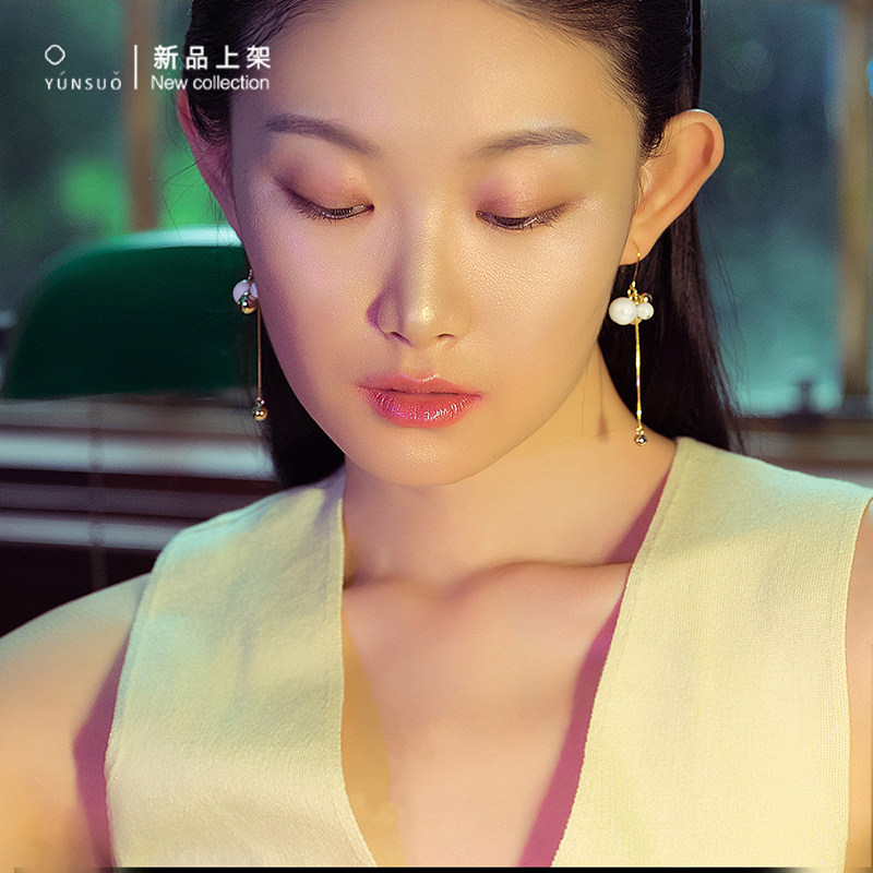 芸所 金色告白气球珍珠耳坠女纯银气质长款显脸瘦耳环高级感耳夹