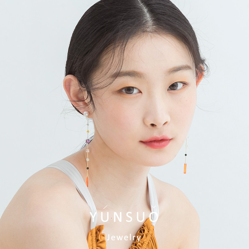 芸所原创植物图鉴风铃撞色彩色宝石珍珠耳钉女纯银气质长流苏耳夹