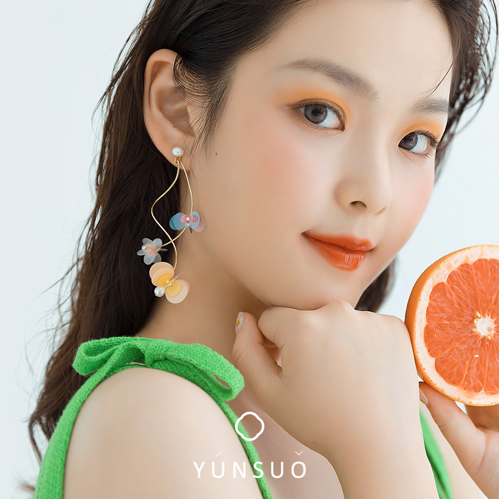 芸所 花与爱丽丝花朵珍珠耳钉女长款气质超仙芒果色少女心ins耳夹