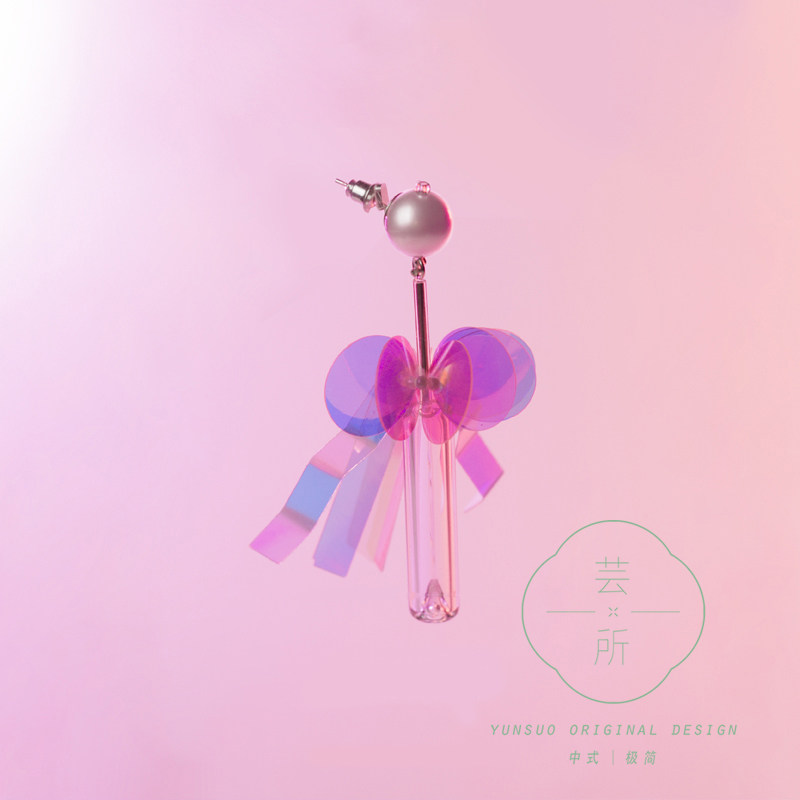 芸所幻彩香水瓶耳夹珍珠耳钉长款粉水晶挂坠女创意原创蹦迪耳环