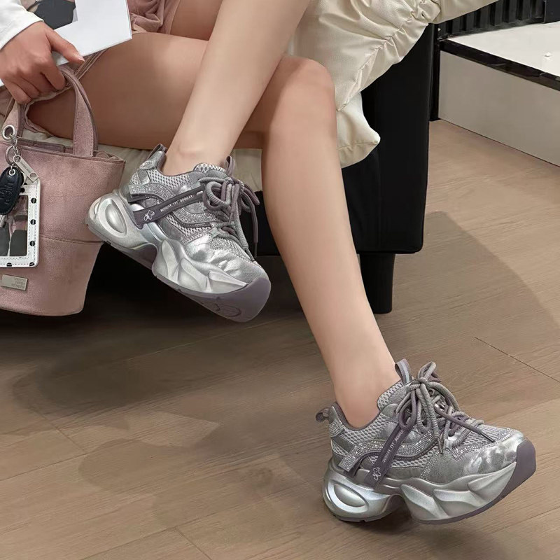 富丽春季运动风厚底老爹鞋女银灰色网面透气增高休闲鞋百搭578-66