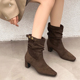 短靴女76 富丽弹力靴女高跟2025秋冬新款 方头粗跟皮带扣薄款