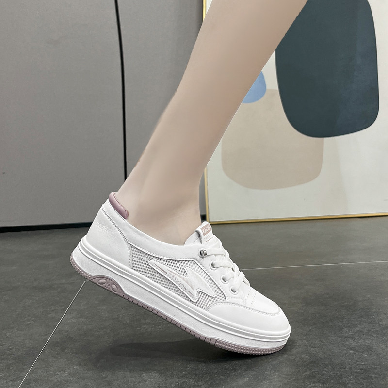 富丽小白鞋女2024夏款圆头纱网透气系带平底蕾丝休闲女鞋289-037