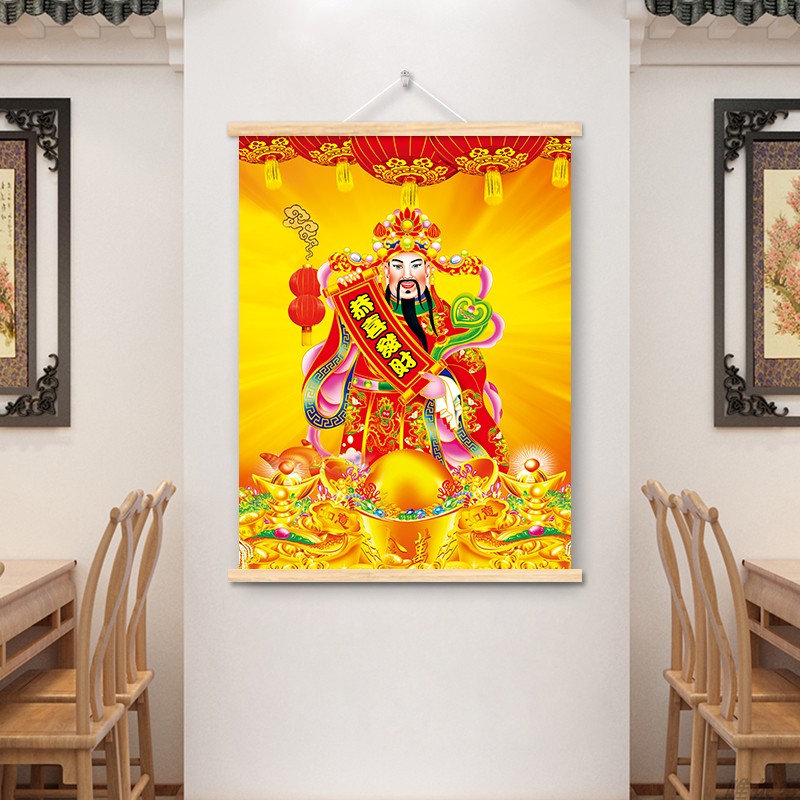 财神爷装饰画简约油画布客厅开业发财五路财神商铺饭店卷轴挂画图片