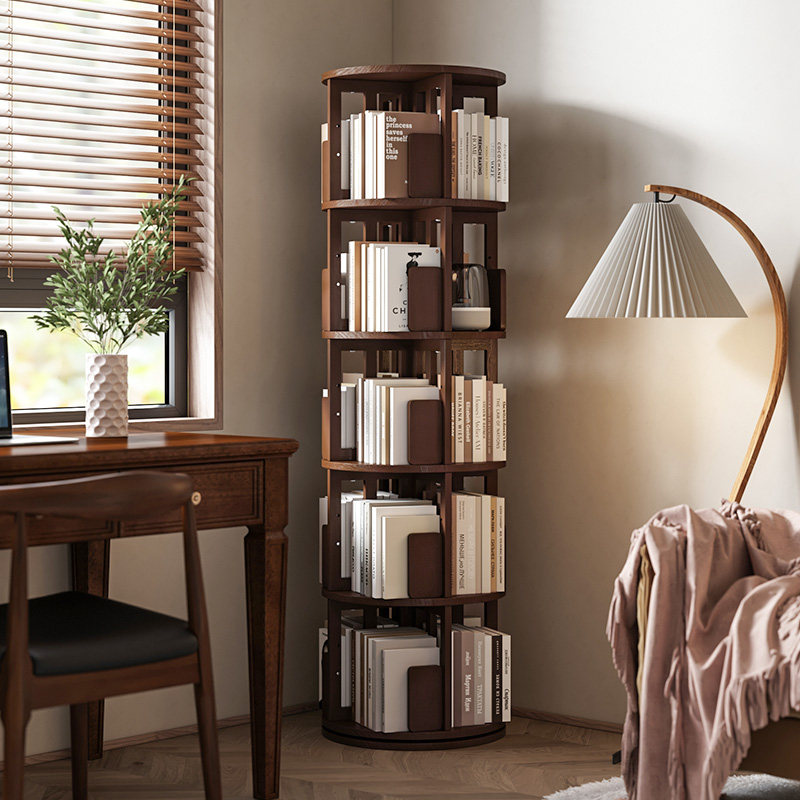 实木儿童圆形旋转书架360度落地家用书桌旁小书柜多层学生置物架