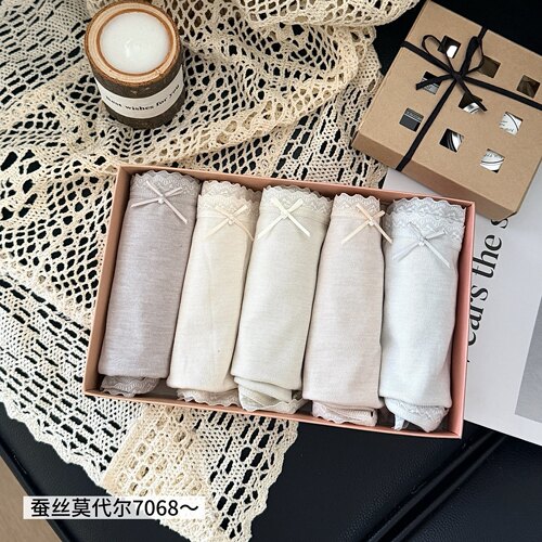 缇娅朵正品5条装蚕丝莫代尔中腰内裤女透气抗菌棉裆蕾丝边三角裤