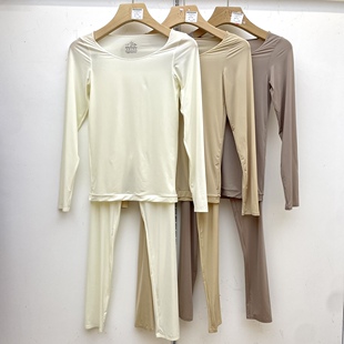 无痕内搭高弹秋衣秋裤 热能奶皮衣秋冬面膜衣保暖套装 女圆领超薄款