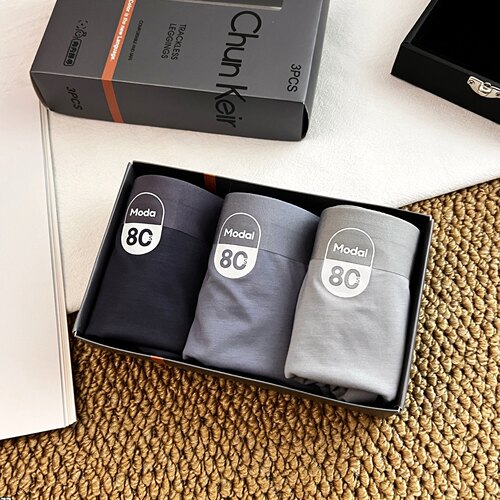 魅丽翘精品3条盒装莫代尔无痕平角内裤男士透气抗菌棉裆四角裤头
