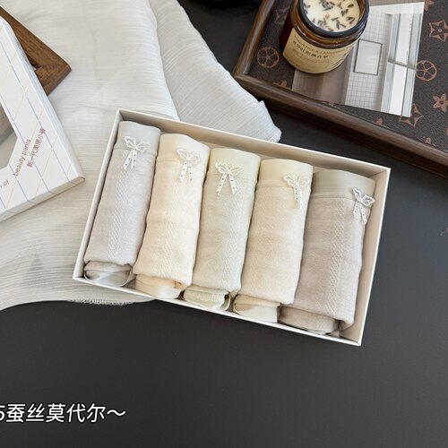 缇娅朵正品5条装桑蚕丝透气法式蕾丝提花莫代尔中腰女三角内裤头